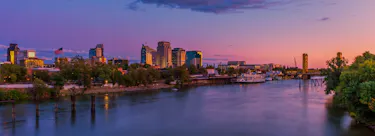 A cityscape of Sacramento, California in the USA featuring iconic elements of Sacramento, California's architectural landmarks.