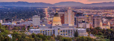 A cityscape of Salt Lake City, Utah in the USA featuring iconic elements of Salt Lake City, Utah's architectural landmarks.