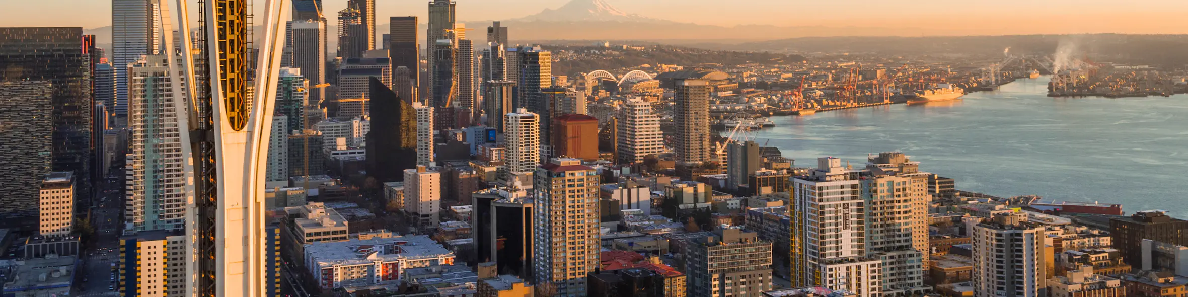 A cityscape of Seattle, Washington in the USA featuring iconic elements of Seattle, Washington's architectural landmarks.