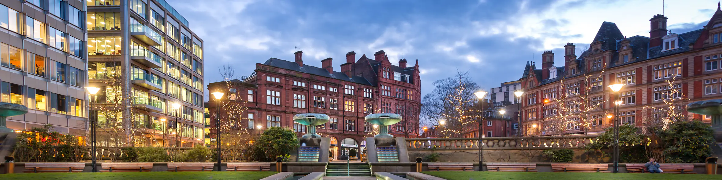 A cityscape of Sheffield in the UK featuring iconic elements of Sheffield's architectural landmarks.