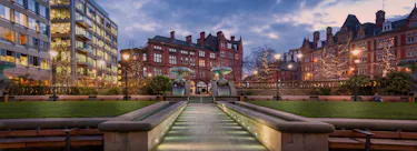 A cityscape of Sheffield in the UK featuring iconic elements of Sheffield's architectural landmarks.