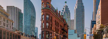 A cityscape of Toronto, Ontario in Canada featuring iconic elements of Toronto, Ontario's architectural landmarks.