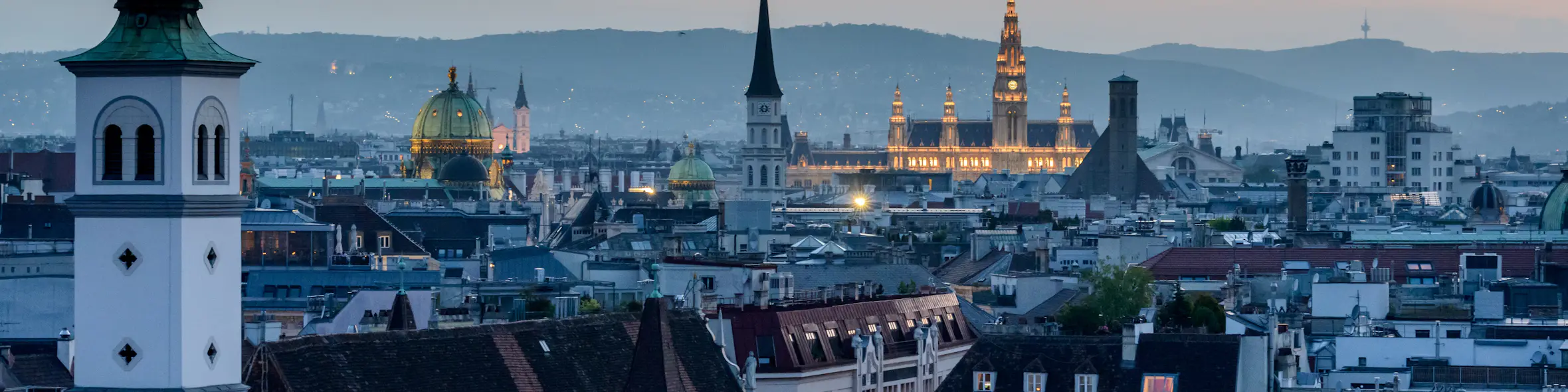 A cityscape of Vienna in Austria featuring iconic elements of Vienna's architectural landmarks.