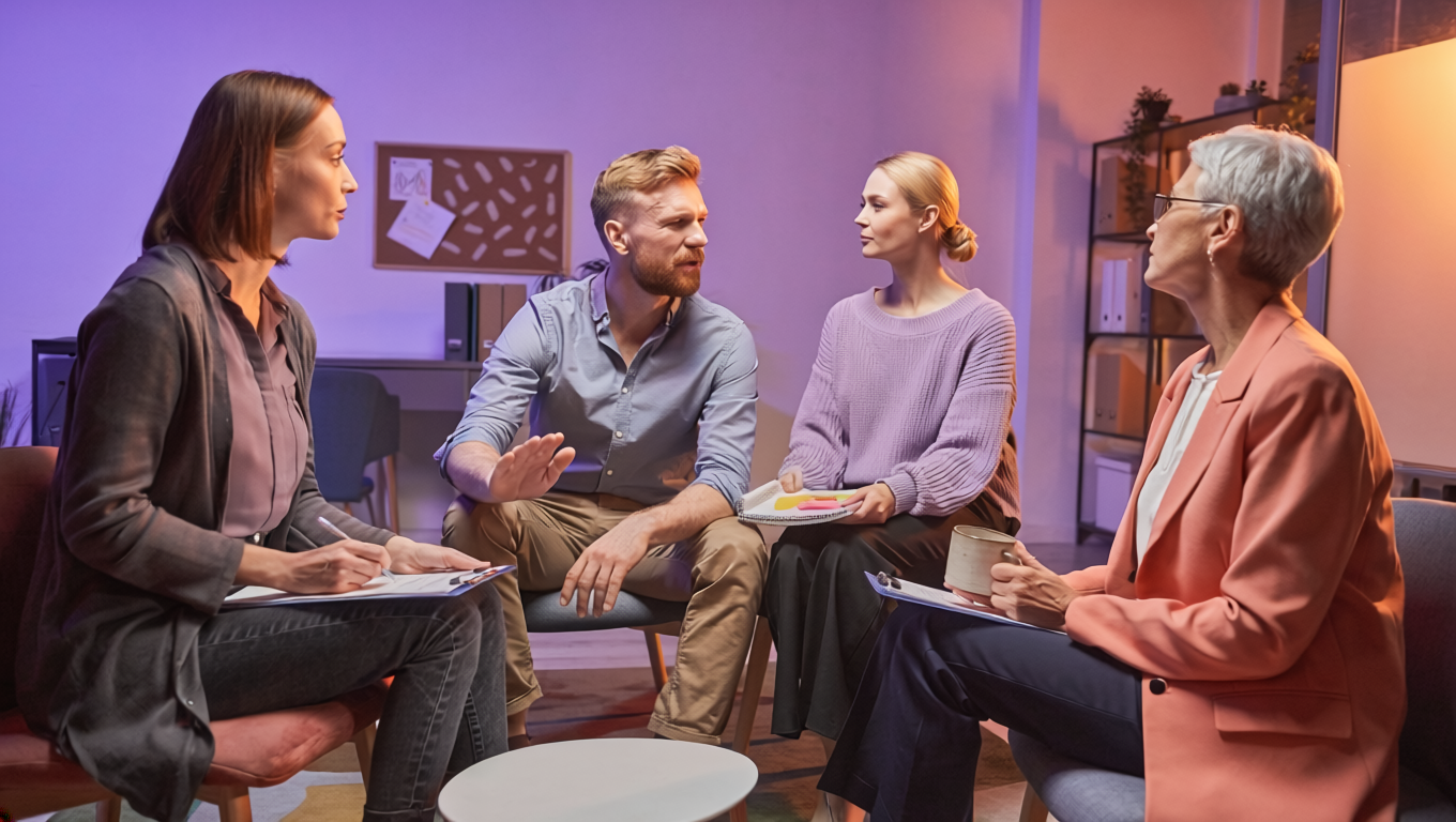 A group of four school counselors seated in a circle, engaged in conversation. The room is softly lit, and the atmosphere is calm and focused.