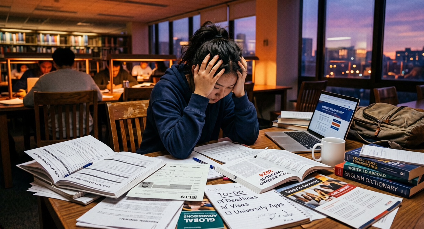 An international student in a library looks stressed with hands on head, surrounded by books and papers. A laptop and a to-do list add to the busy atmosphere.