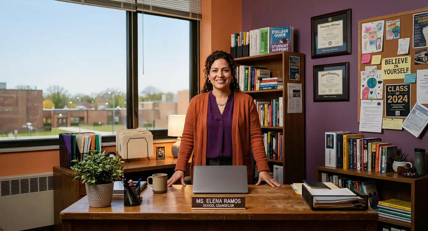 A female school counselor stands smiling behind a desk in a warm-toned office with books, certificates, and motivational posters. A window shows a school campus outside.