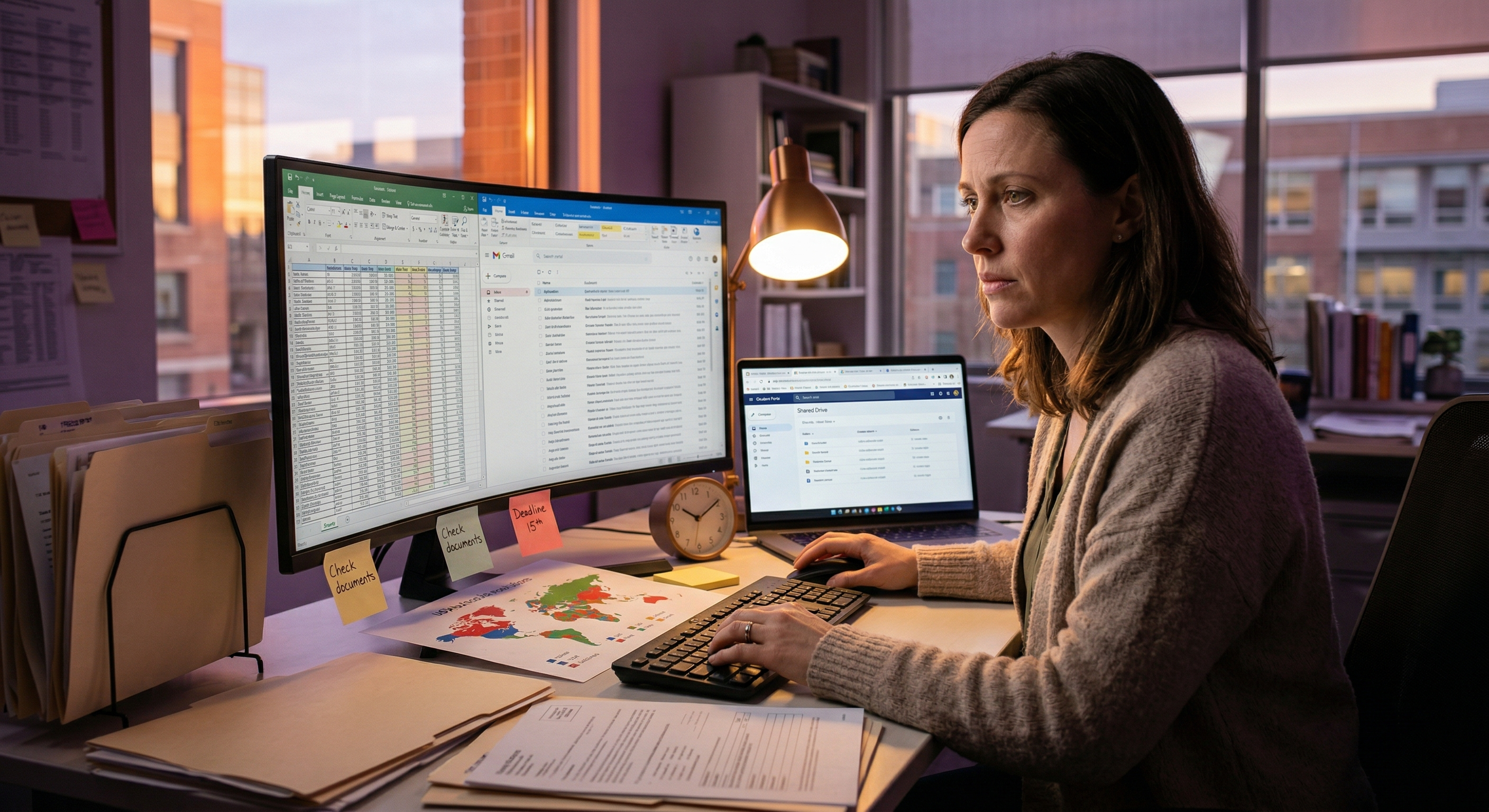 A female school counselor focuses intently at a dual-monitor desktop setup, with spreadsheets and emails open. A laptop nearby, papers and folders scattered, office ambient light.