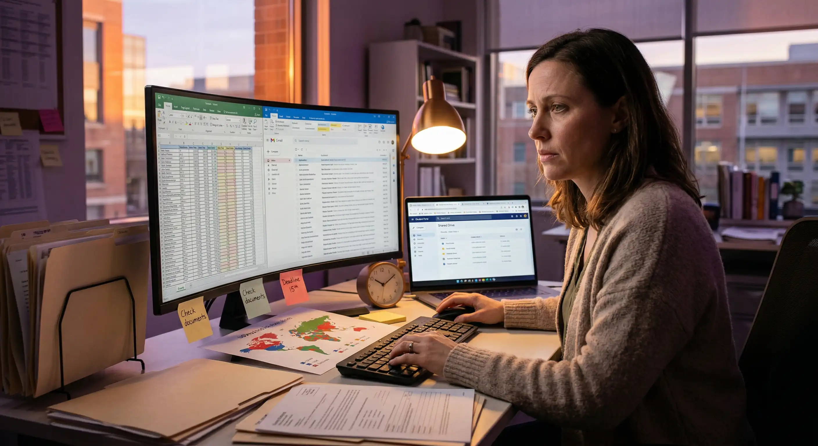 A female school counselor focuses intently at a dual-monitor desktop setup, with spreadsheets and emails open. A laptop nearby, papers and folders scattered, office ambient light.
