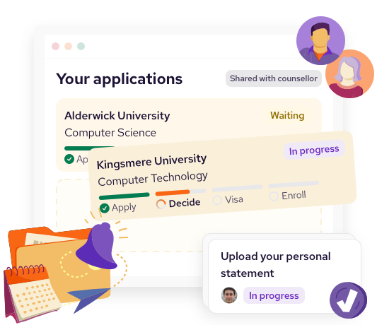 An illustration of an application tracking dashboard showing university applications status. One is 'waiting,' another 'in progress'. A task card to upload a personal statement sits on top.