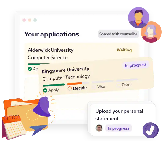 An illustration of an application tracking dashboard showing university applications status. One is 'waiting,' another 'in progress'. A task card to upload a personal statement sits on top.