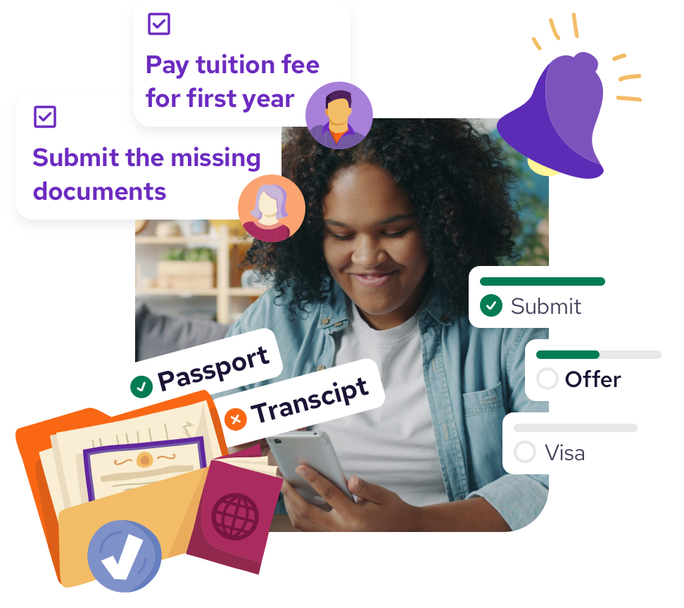 A person using a smartphone, surrounded by icons and checklists about submitting documents, paying tuition, and processing visas with a notification bell.