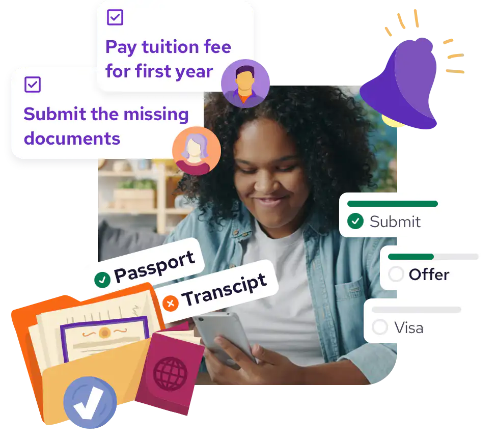 A person using a smartphone, surrounded by icons and checklists about submitting documents, paying tuition, and processing visas with a notification bell.
