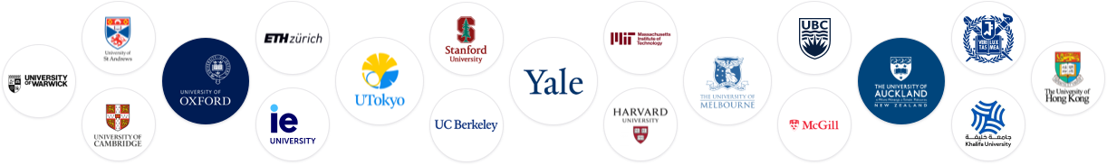 A group of university logos each sat in a circle.