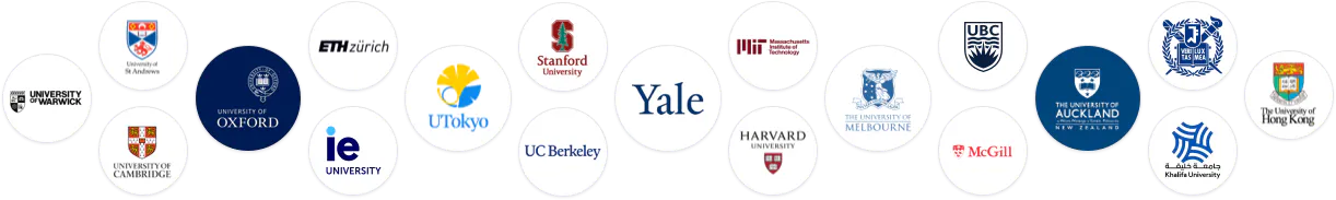 A group of university logos each sat in a circle.
