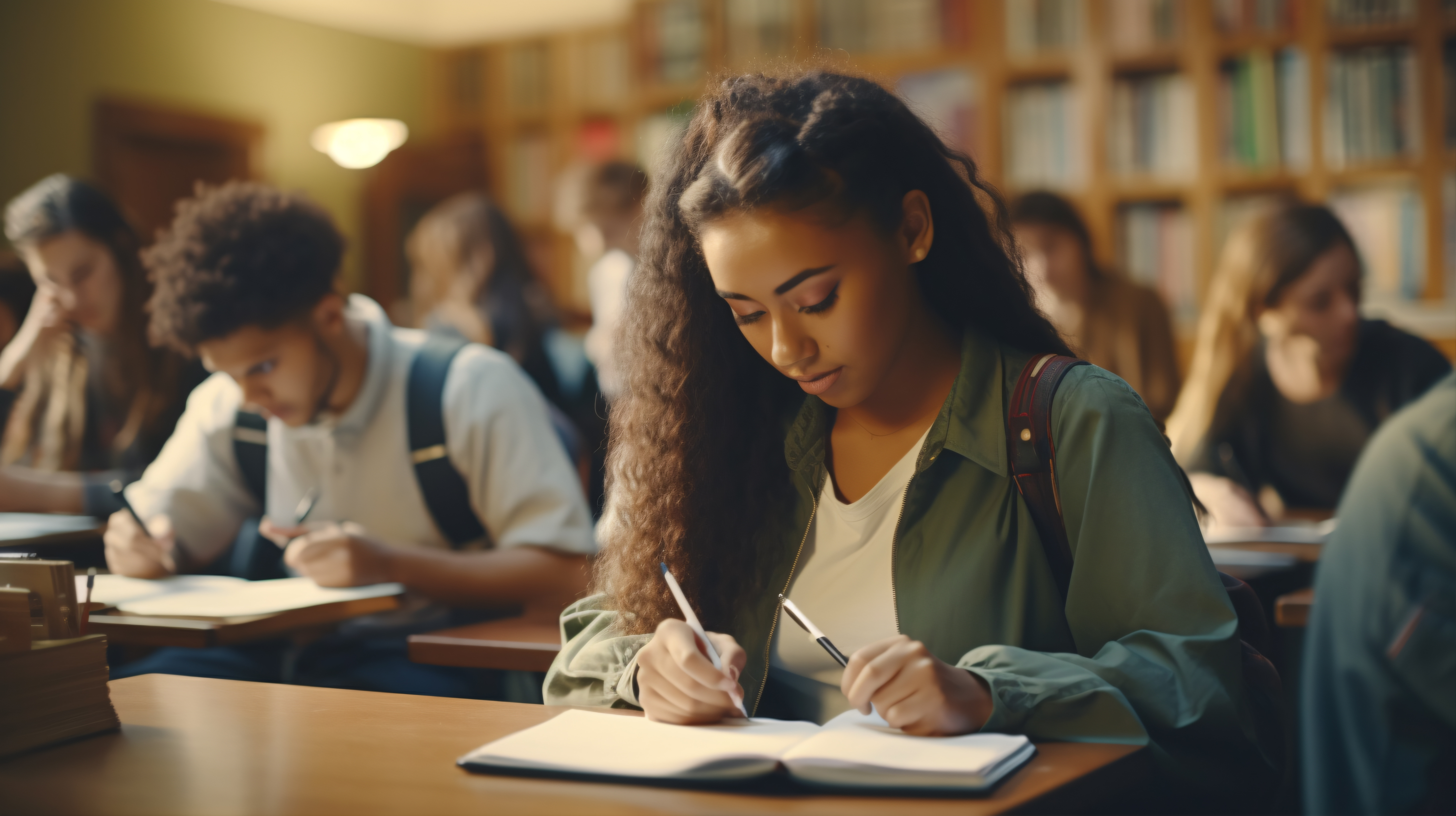A focused, young, female student with dark hair, takes notes in class among other students