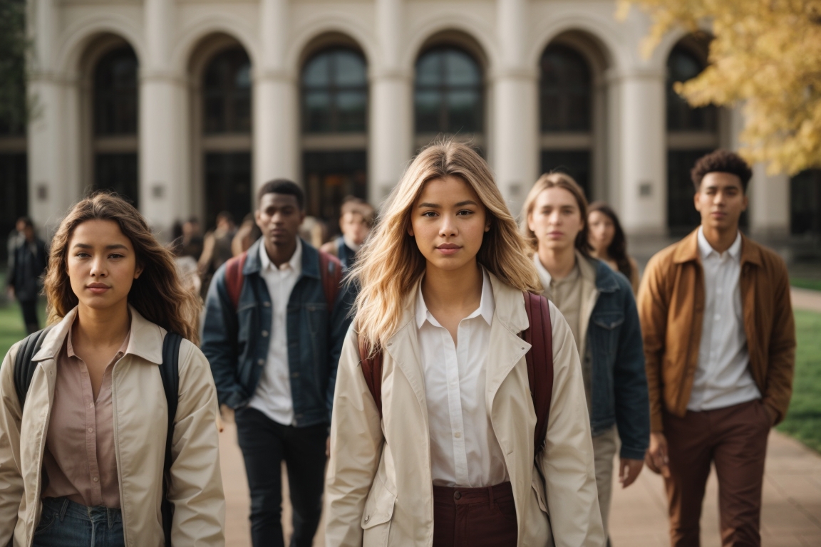 A diverse group of young students walking confidently towards the camera on a university campus, with a focus on a young woman in the foreground.