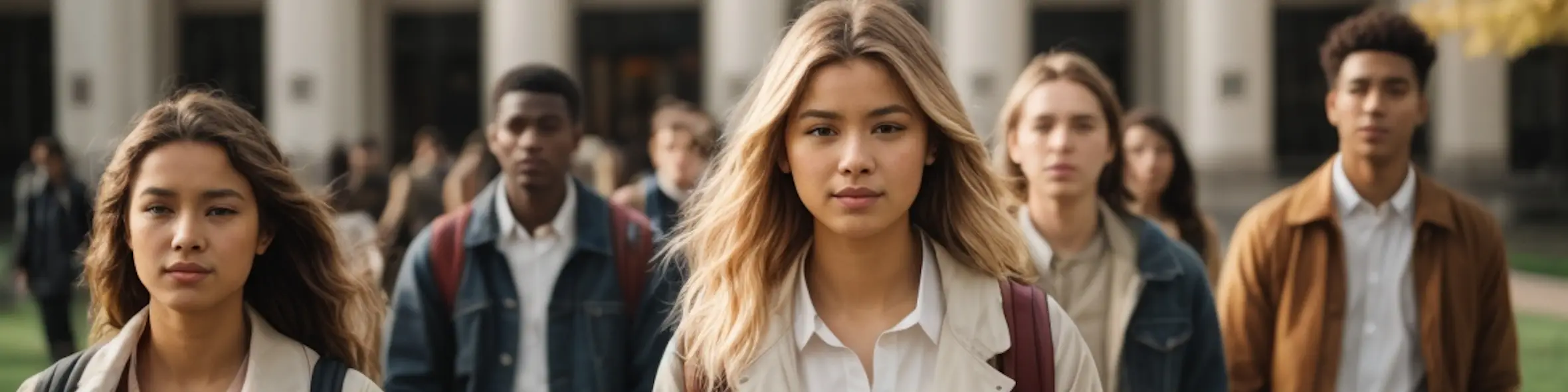 A diverse group of young students walking confidently towards the camera on a university campus, with a focus on a young woman in the foreground.