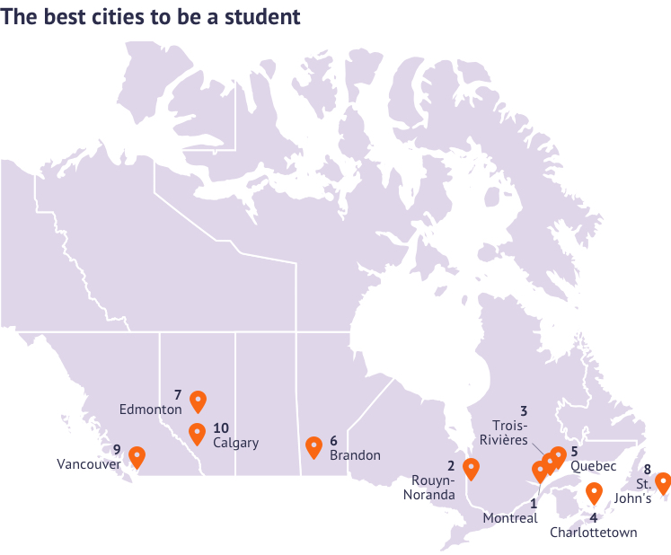 Map of the best places to be a student in Canada