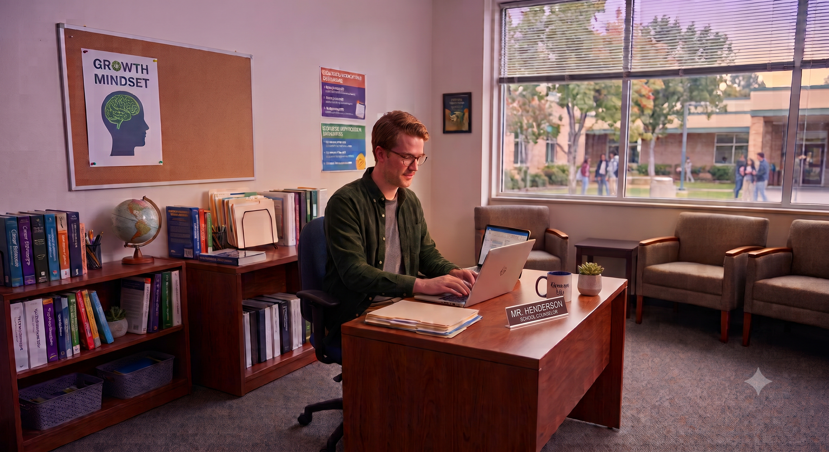 School counselor working on a laptop in an office with bookshelves and student seating.