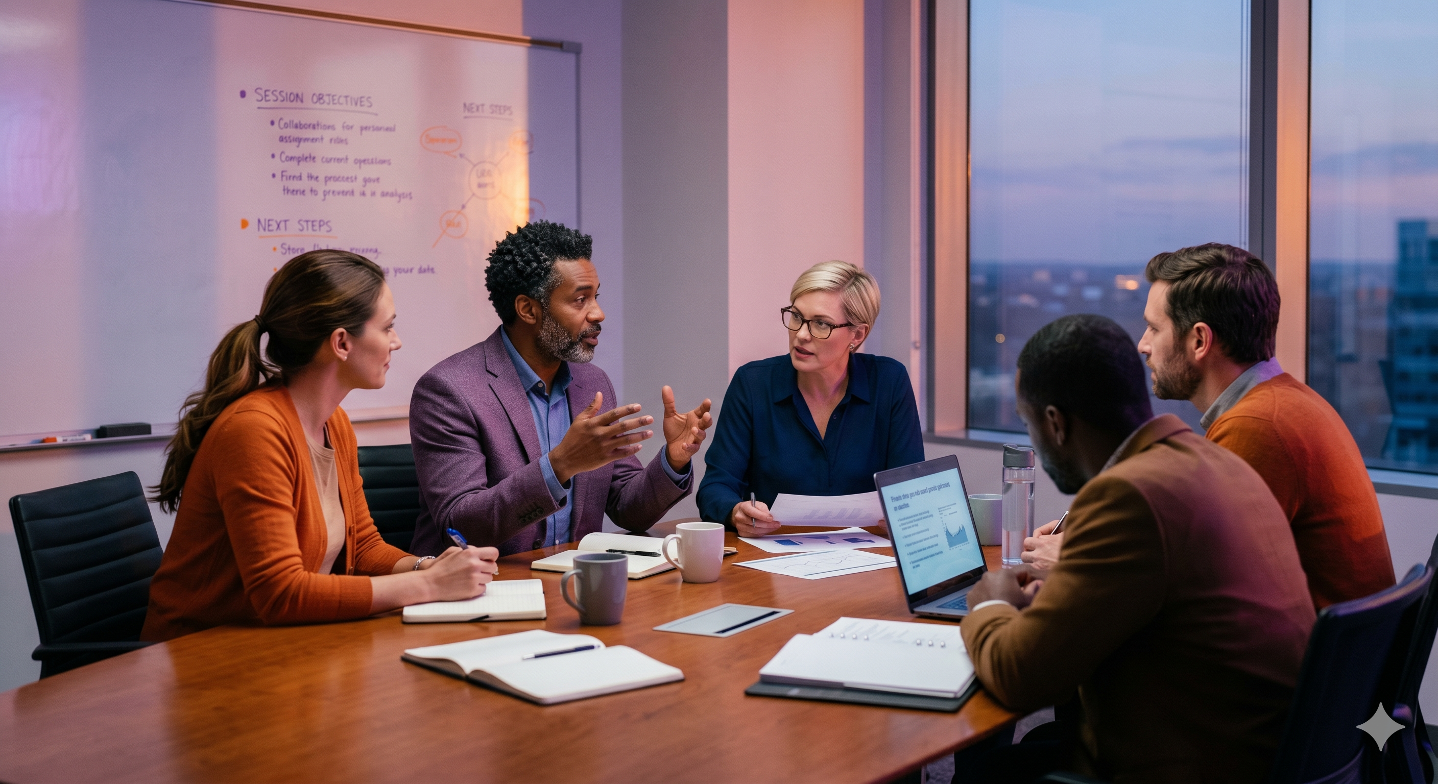 A group of five counselors sit around a conference table in a meeting room, discussing session objectives and next steps with notes, charts, and a laptop in front of them.
