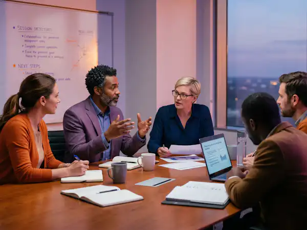 A group of five counselors sit around a conference table in a meeting room, discussing session objectives and next steps with notes, charts, and a laptop in front of them.