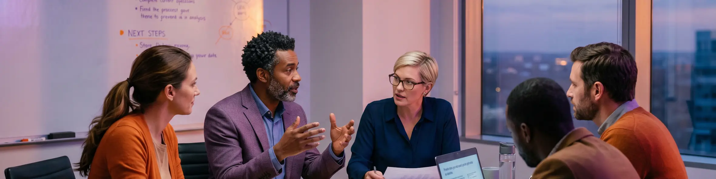 A group of five counselors sit around a conference table in a meeting room, discussing session objectives and next steps with notes, charts, and a laptop in front of them.