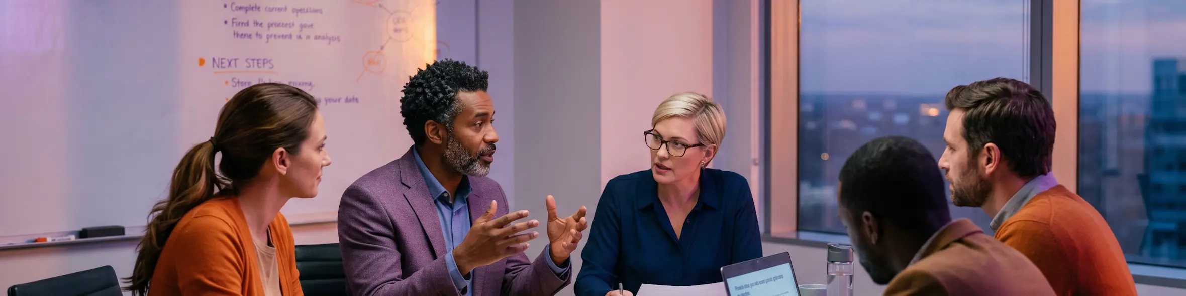 A group of five counselors sit around a conference table in a meeting room, discussing session objectives and next steps with notes, charts, and a laptop in front of them.