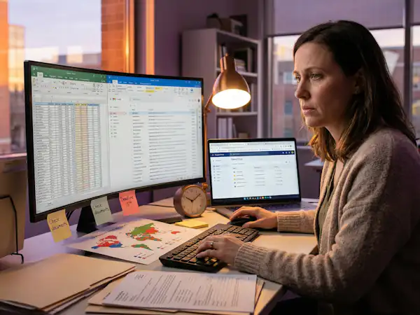 Counselor working late at a desk with multiple screens, spreadsheets, emails, documents, folders, and deadline notes.