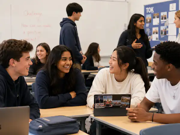 Students smiling and talking in small groups in a classroom.