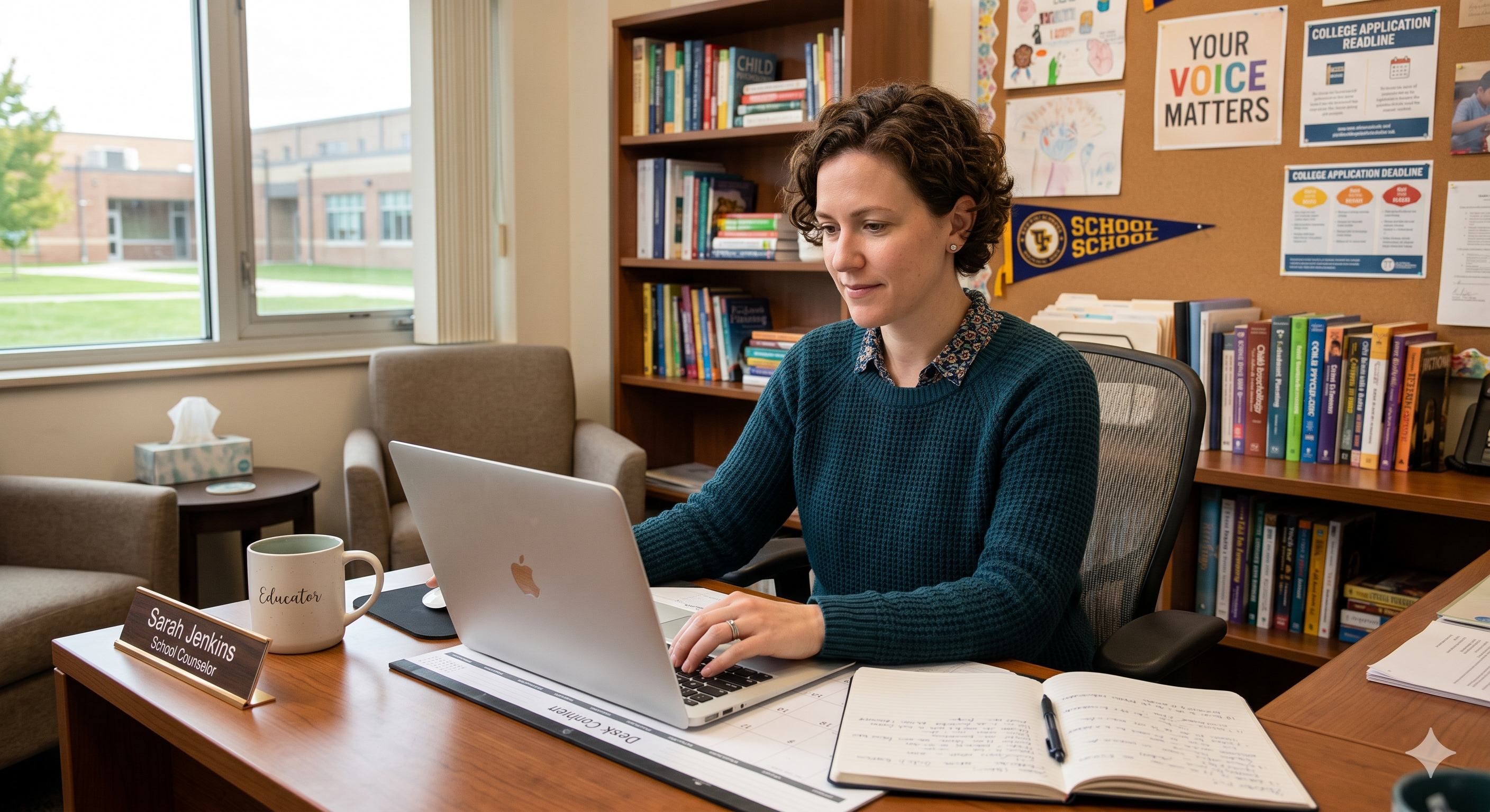 School counselor working on a laptop in an office with bookshelves, student resources, and college application notices.