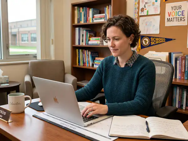 School counselor working on a laptop in an office with bookshelves, student resources, and college application notices.