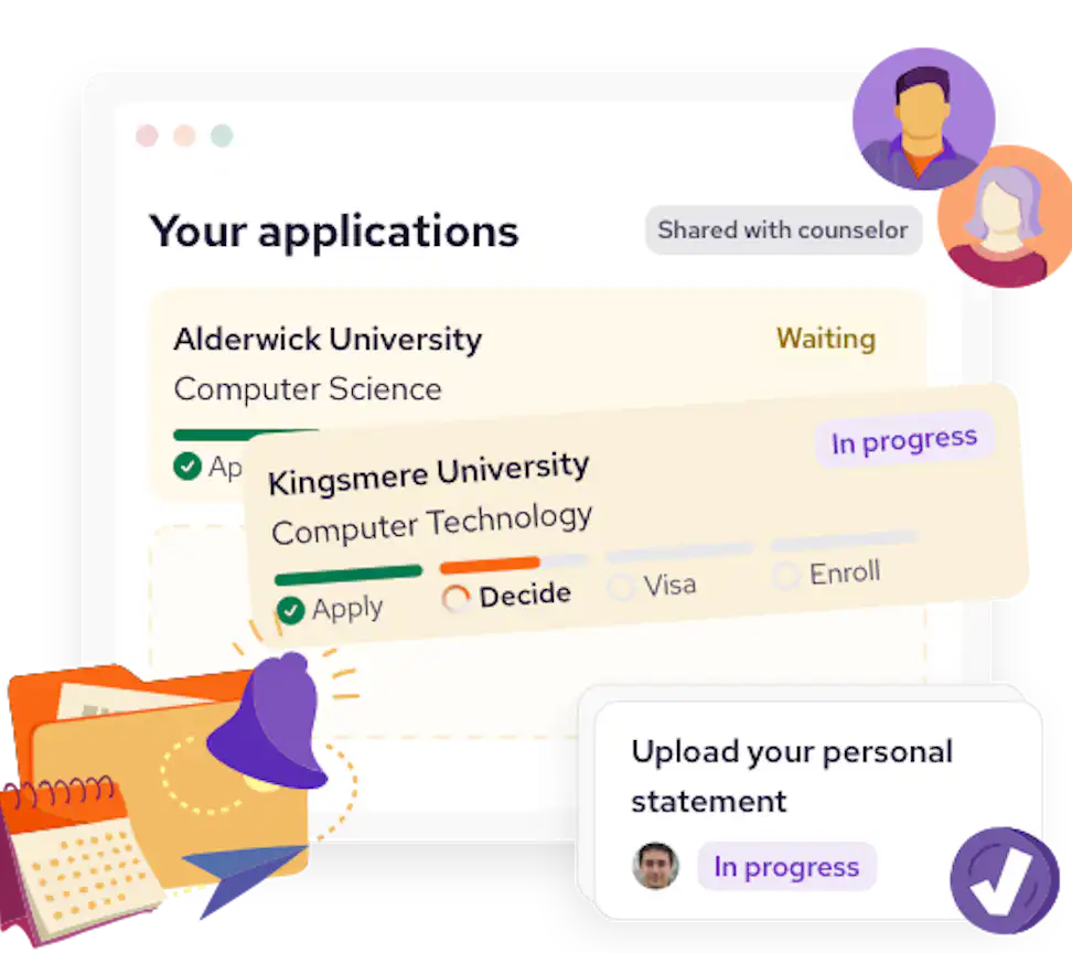 An illustration of an application tracking dashboard showing university applications status. One is 'waiting,' another 'in progress'. A task card to upload a personal statement sits on top.